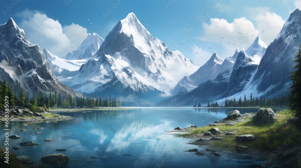 a tranquil glacial lake in a pristine wilderness, where snow-capped mountains are mirrored in the still, icy waters