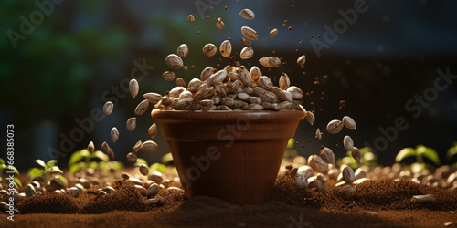 A pot filled with peanuts, covered in dirt. Perfect for illustrating the process of growing peanuts or for showcasing a natural and rustic food concept photo