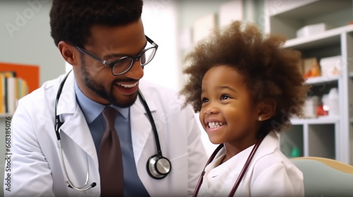 un médecin pédiatre avec le sourire et un enfant génération IA photo