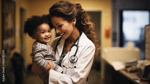 un médecin pédiatre avec le sourire et un enfant génération IA photo