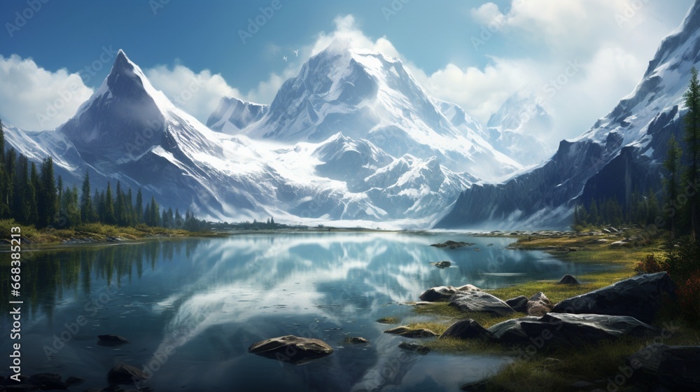 a tranquil glacial lake in a pristine wilderness, where snow-capped mountains are mirrored in the still, icy waters