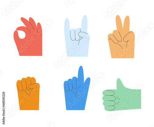 Cartoon hands abstract drawn comic. Set of Hand multicolored different signs and symbols. Drawing style Sticker decals.