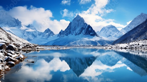 A tranquil lake surrounded by snow-capped peaks, reflecting the blue sky.
