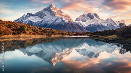 A tranquil lake mirroring the majestic peaks of the Andes