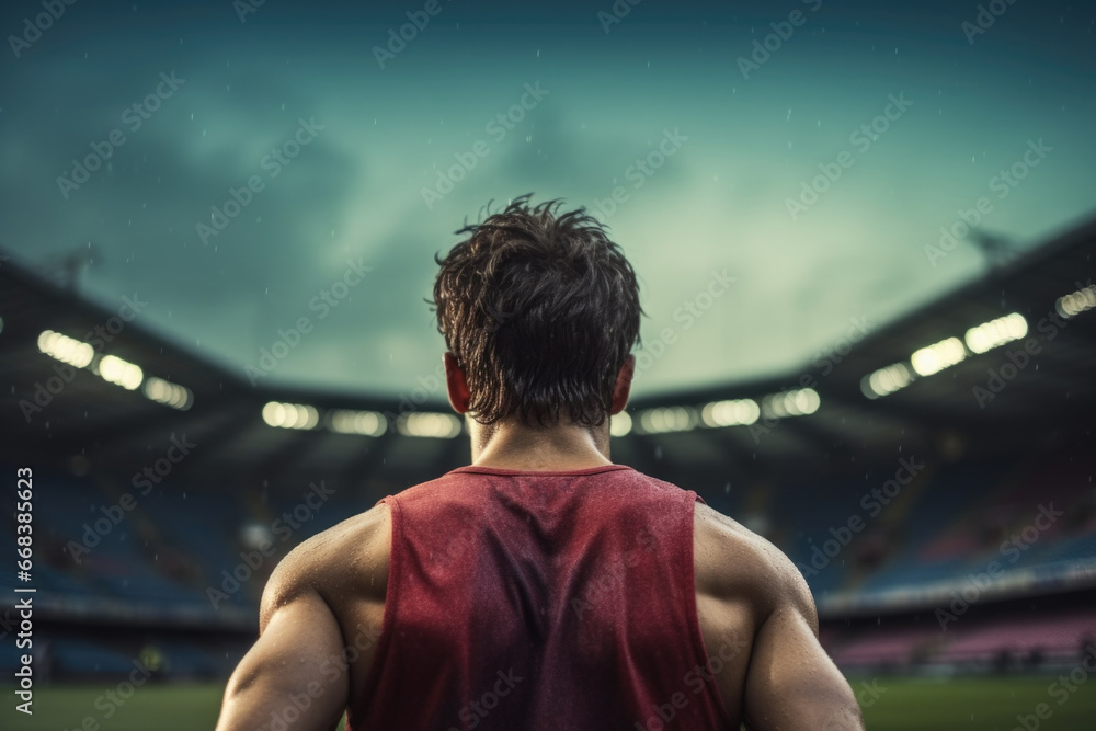 A man standing in front of a soccer field. This image can be used to depict sports, fitness, or outdoor activities