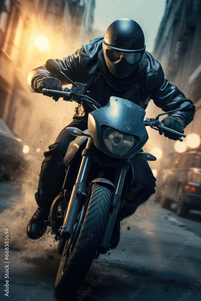 A man riding a motorcycle down a city street. This image can be used to depict urban transportation or the thrill of riding a motorcycle in the city