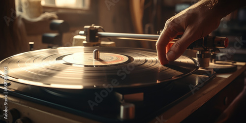 A person is shown in the picture playing a record on a turntable. This image can be used to depict music, vinyl records, nostalgia, or DJ culture