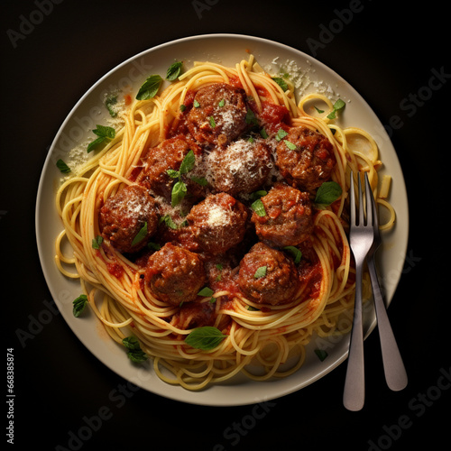 Fotografia de plato con espaguetti y albondigas con salsa de tomate