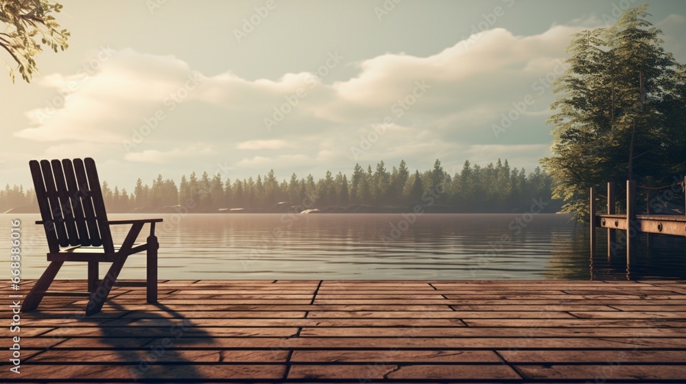 a tranquil lakeside dock with weathered wooden planks, where a simple wooden chair invites contemplation of the serene waters