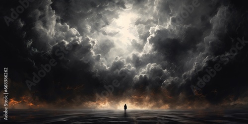 Illustration representing depression and mental health with man standing in front of huge storm photo