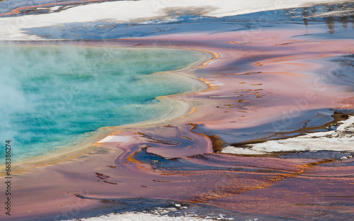 detail of the Grand Prismatic Spring from the overlook point, Midway Geyser Basin, Yellowstone National Park, Wyoming, US