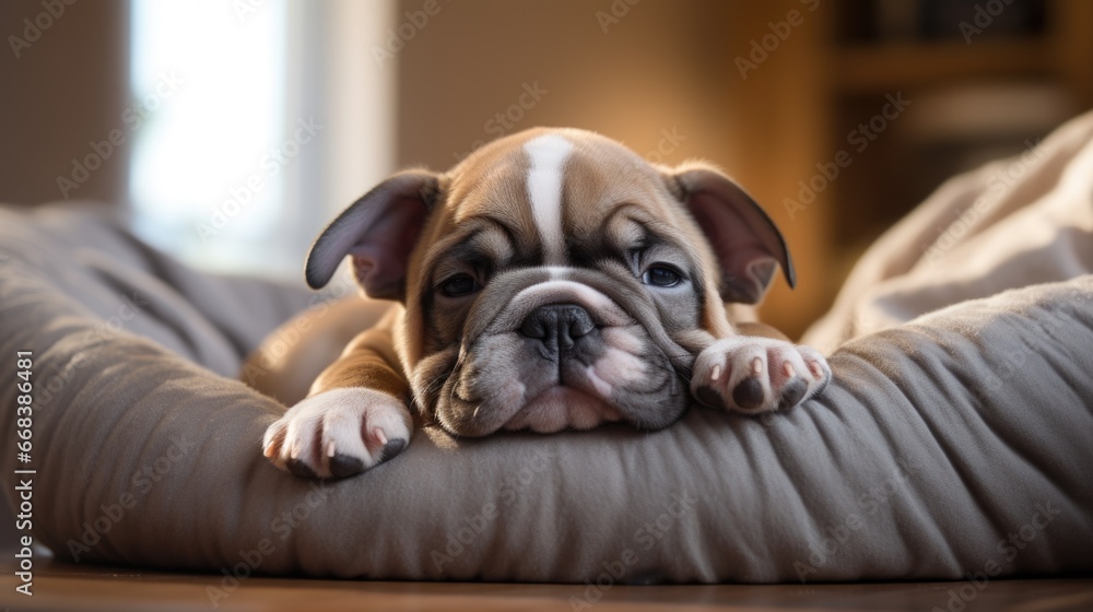 A small brown and white dog laying on top of a pillow