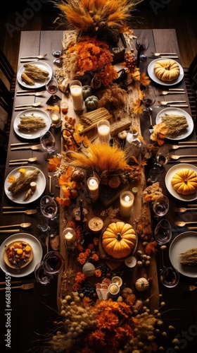 A long table with plates of food and candles