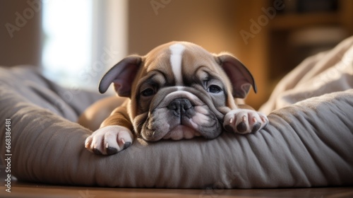 A small brown and white dog laying on top of a pillow © Maria Starus