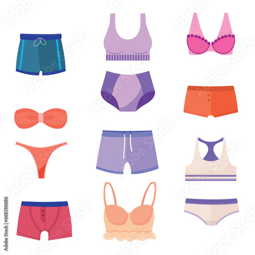 Underwear clothes panties bra vector set. Men and women underpants. Flat vector