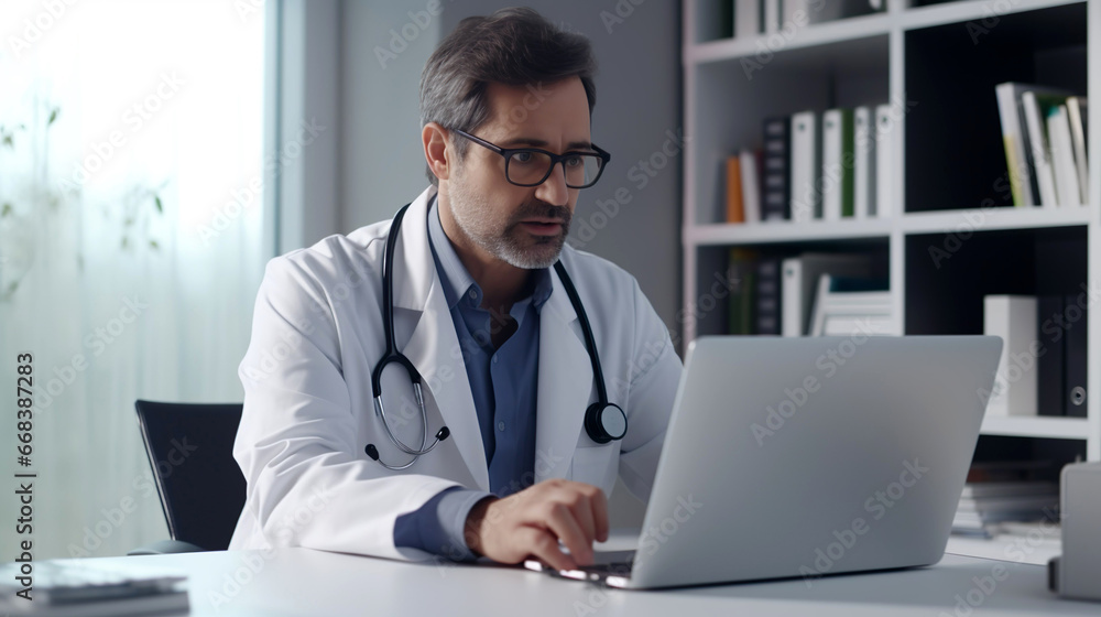 Doctor talking to online patient on laptop screen sitting at clinic office desk giving online consultation for domestic health treatment. Doctor talking to online patient on laptop screen sitting at clinic office desk giving online consultation for domestic health treatment.