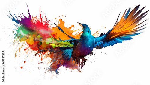 a bird exploding in a massive paint splatter of rainbow colors © Randall