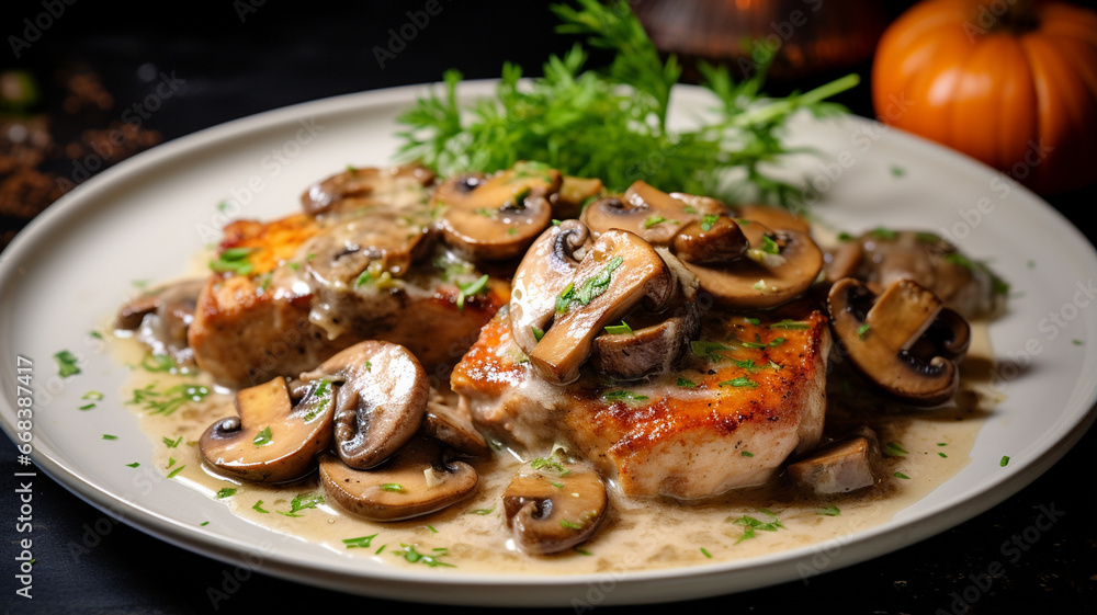 delicious chicken steak with mushrooms, herbs and sauce