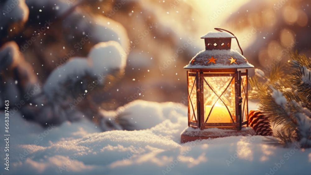 Christmas lantern with burning candle on a background of snow-covered fir branches