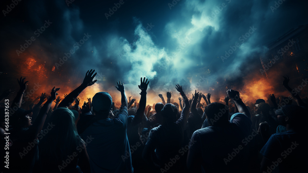 crowd of people raising their hands at a concert