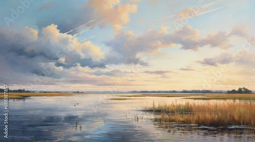 a vast  flatland lake reflecting the wide-open sky  with reeds gently swaying in the breeze