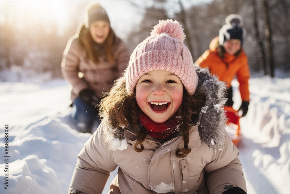 Happy family playing in the snow. Ai generative. Happy family playing in the snow. Ai generative.