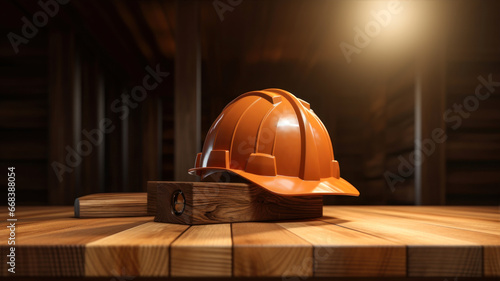 Hard hat on wooden table in construction site.