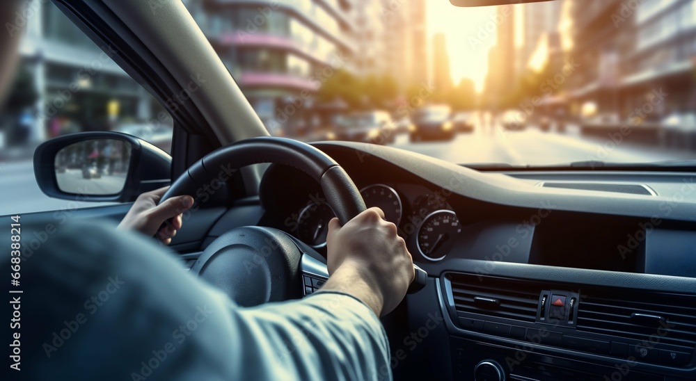 Driving View: Hands on the Steering Wheel during Daytime. Generative ai