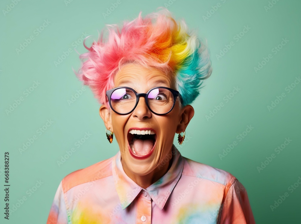Vibrant Senior Woman with Rainbow Hair Celebrating in Studio. Generative ai