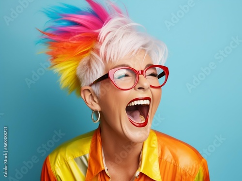 Vibrant Senior Woman with Rainbow Hair Celebrating in Studio. Generative ai © Scrudje