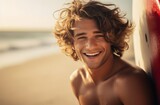 Stoked Young Surfer Ready for Waves on a Sunny Beach Day. Generative ai