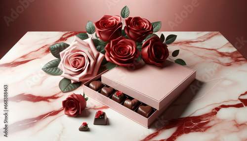 A square-shaped box of chocolates, a bouquet of roses. Copy-space  for branding or ad. AI generative.