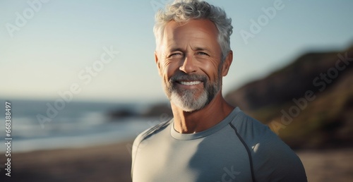 Energetic Senior Man Embracing Fitness by the Beach. Generative ai