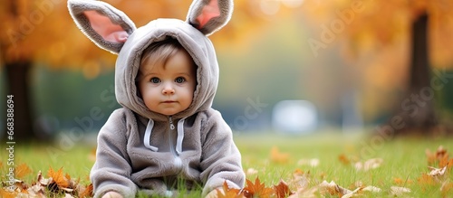 Girl child in bunny outfit seated on park grass with chubby cheeks