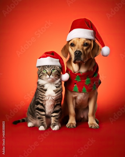 Two pets celebrating: joyful dog and cat against a red Christmas backdrop. © tania_wild