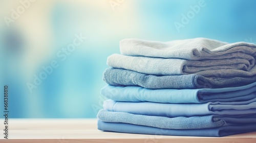 Stack of freshly folded colored knitwear on a light background.