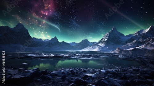 Northern lights over clear winter lake. Glowing colorful skies. Alpine glacier. Starry night panorama landscape. Snowy mountains. Galaxy of stars.