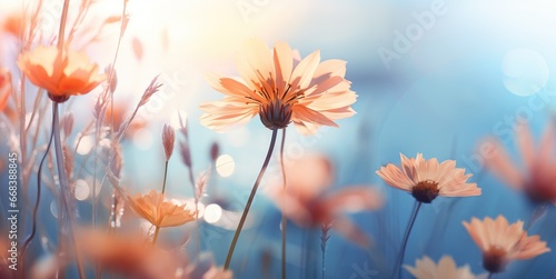 Golden hour glow: Dreamy daisies basking in soft sunlight amidst blue hues. © tania_wild