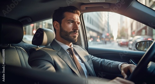 Focused Businessman Driving to Work: Side View Perspective. Generative ai