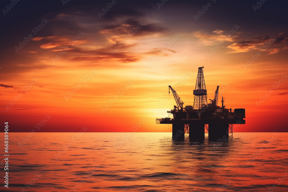 Offshore oil and gas. Oil rig in sea on sunset, Crude Oil production. Offshore drilling of extracting petroleum and natural gas from seabed. Offshore crude Mobile platform in ocean. Ai Generative
