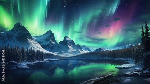 Northern lights over clear winter lake. Glowing colorful skies. Alpine glacier. Starry night panorama landscape. Snowy mountains. Galaxy of stars. © Fox Ave Designs