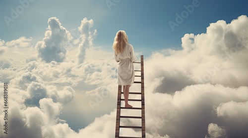  Beautiful woman on a ladder above the clouds looking far away. Business concept photo