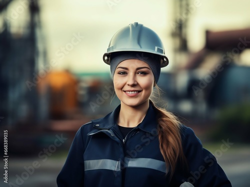 Confident Female Industrial Worker Against a Vast Plant Backdrop. Generative ai