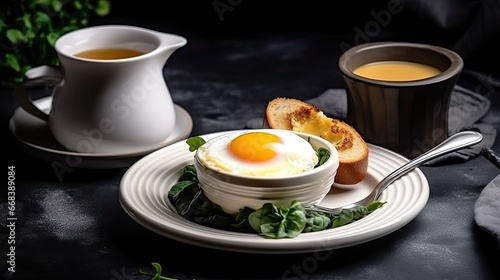  Breakfast set consists fried half boiled egg with hollandaise sauce, baked spinach and french toasted decorated in ceramic plate, hot latte coffee served for morning or brunch or all day breakfast