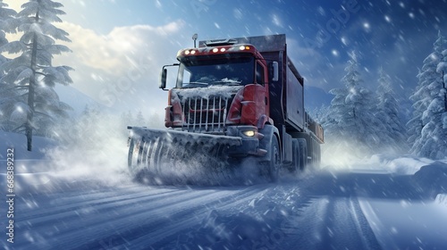 Snow plow clearing road after winter snow storm. Ai generative photo