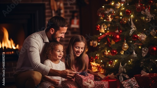 Happy family opening gifts for Christmas in living room. Generative ai