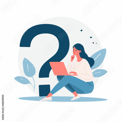 Illustration Woman with laptop and question mark. These illustrations can be used for various purposes, such as graphic design, animation, and learning media. Flat design style