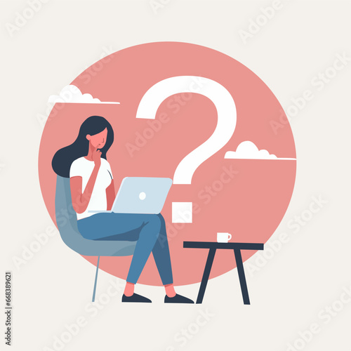 Illustration Woman with laptop and question mark. These illustrations can be used for various purposes, such as graphic design, animation, and learning media. Flat design style