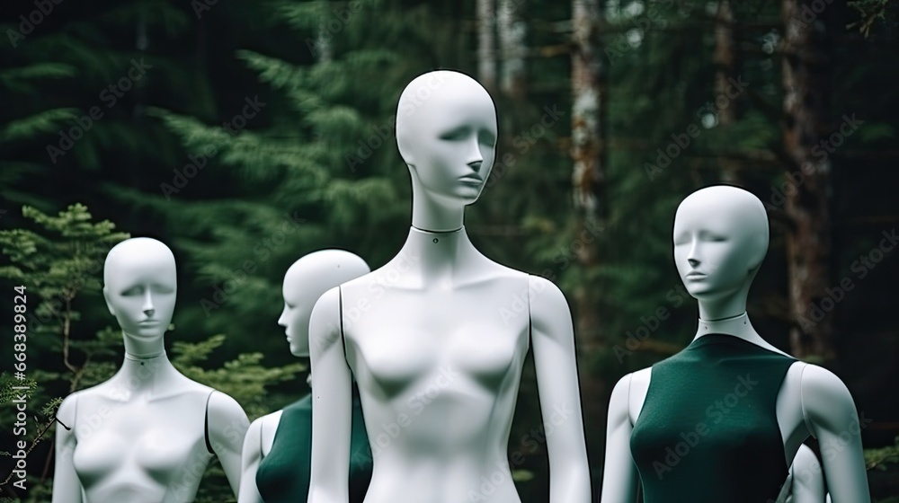 Obraz premium White mannequins, with heather on a dark green forest background. The concept of fashion, style, beauty, ecology, recycle, sustainability, reusing, concept. Zero and fabric waste, creative background