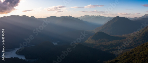 Canadian Mountain Landscape. Aerial Panoramic View. Cloudy Sunset